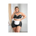 Plus size model wearing black wetlook bustier with white lace trim, matching mini skirt with white apron, and choker in elegant room setting