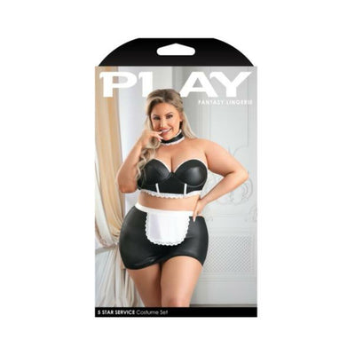 Plus size model wearing black wetlook bustier and skirt with white apron and matching choker in 5 Star Service costume set packaging.