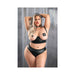 Curvy model wearing black open cup bra, high-waist panty, studded choker, bandana, and pasties in a bold lingerie set.