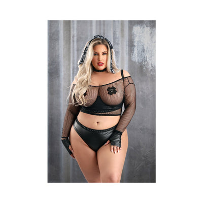 Plus size model wearing black fishnet long sleeve crop top, open cup bra with pasties, high-waist faux leather panties, gloves, choker, and bandana.