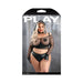 Plus size model wearing black fishnet long sleeve top, open cup bra, high-waist panty, gloves, choker, and bandana costume set