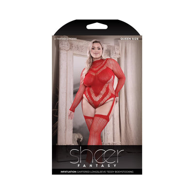 Plus size model wearing red sheer gartered long sleeve teddy bodystocking with open back design.