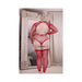 Plus size model wearing red sheer open back long sleeve fishnet teddy bodystocking with matching thigh highs, standing in front of a mirror.