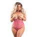 Curvy model wearing hot pink sheer underbust corset with lurex details and matching G-string on white background.