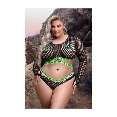 Fantasy Lingerie Vibes Fuck Ur Rules UV Reactive Longsleeve Fishnet Top, Panty, Pasties Black