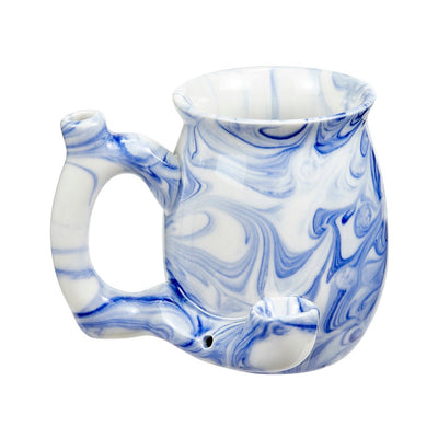 Blue marble ceramic mug with built-in pipe and hollow handle for smoking, holding approximately 11oz.