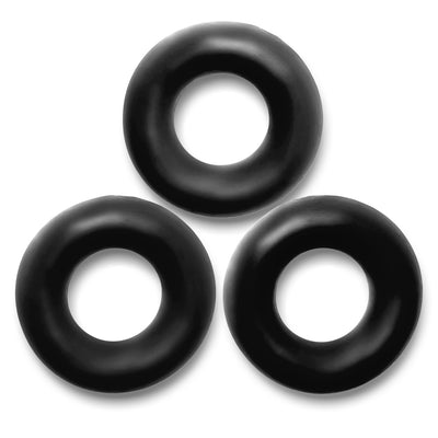 Three black jumbo-sized flexible cock rings arranged in a triangular pattern on a white background.
