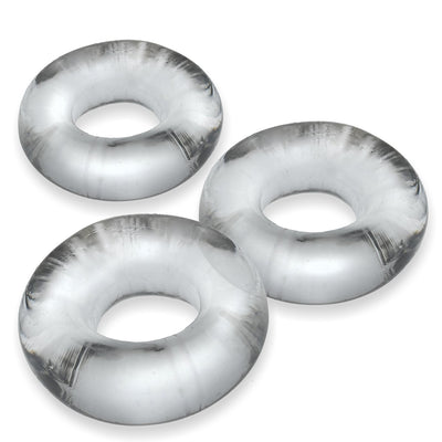 Three translucent silver jumbo cockrings made of soft, stretchy Flextpr material arranged on a white background.