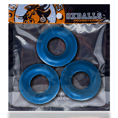 Three blue jumbo-sized flexible cockrings in clear packaging with Oxballs branding and logo.