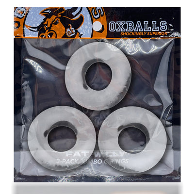 Three white jumbo cockrings in clear packaging with Oxballs branding and orange accents