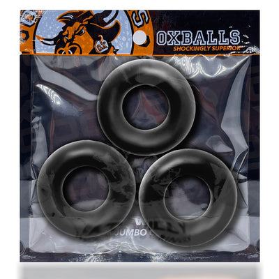 Three black jumbo-sized flexible cockrings in clear packaging with Oxballs branding and orange bull logo.