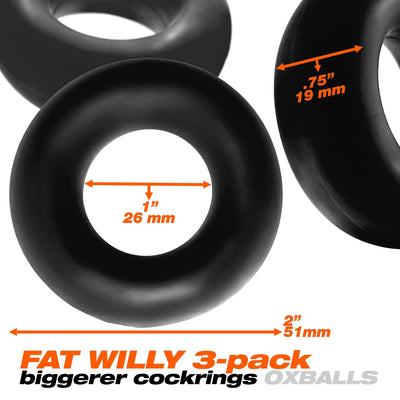 Three black jumbo cockrings with size measurements highlighted in orange text on a white background.
