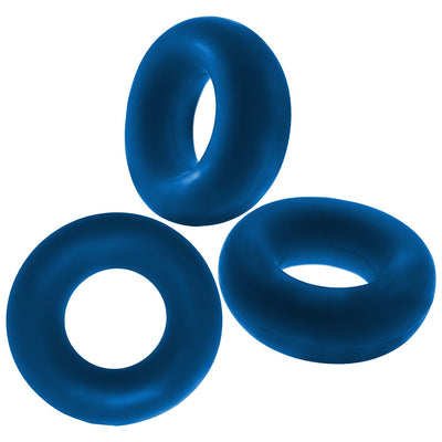Three large blue flexible cockrings made from soft, stretchy material shown against a white background.