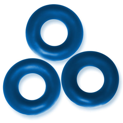Three jumbo-sized blue flexible cockrings arranged on a white background.