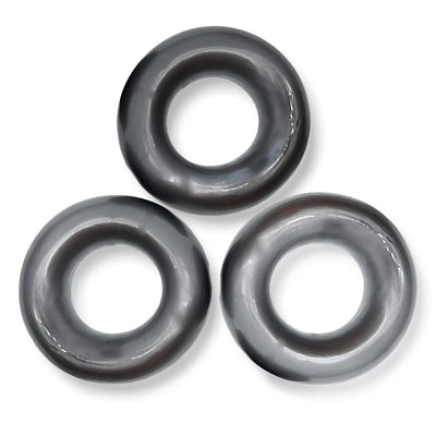 Three metallic gray jumbo cockrings made of soft, stretchy material arranged on a white background.