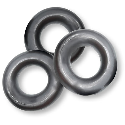 Three metallic gray jumbo cockrings made of soft, stretchy Flextpr material arranged on a white background.