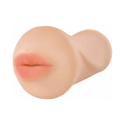 Compact realistic oral stroker with soft lips and textured interior for lifelike deep throat sensation.