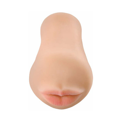 Compact oral stroker toy with realistic lips and soft flesh texture for discreet pleasure on the go.