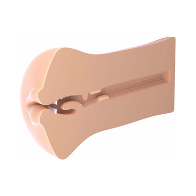 Cross-section view of a compact oral stroker showing textured internal tunnel and lifelike entrance details in flesh tone.