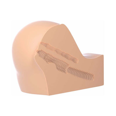 Cross-section view of a petite bubble butt stroker showing dual textured internal channels for varied sensation.