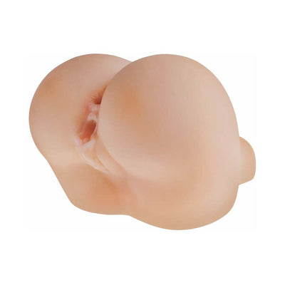 Compact realistic bubble butt stroker with dual entrances in soft skin-tone material for portable pleasure.
