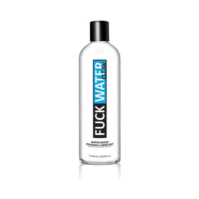 Clear bottle of F*ck Water clear H2O water-based personal lubricant with black cap and bold label design