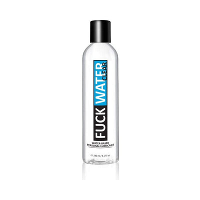 Clear bottle of F*ck Water Clear H2O water-based personal lubricant with black cap and bold label design.