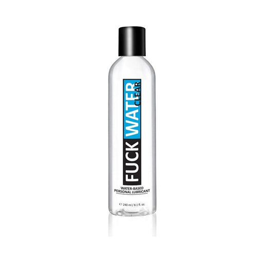 Clear bottle of F*ck Water Clear H2O water-based personal lubricant with black cap and bold label design.