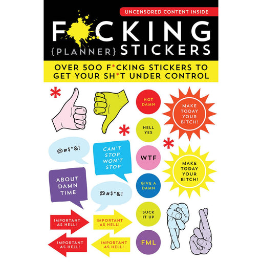 Colorful planner stickers with cheeky phrases, thumbs up/down, pointing and crossed fingers icons, and motivational bursts.