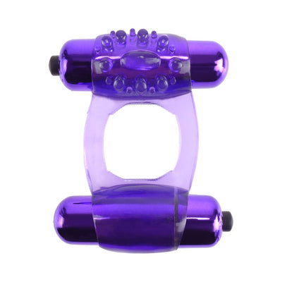 Purple duo-vibrating silicone ring with textured surface and dual bullet vibrators for enhanced pleasure.