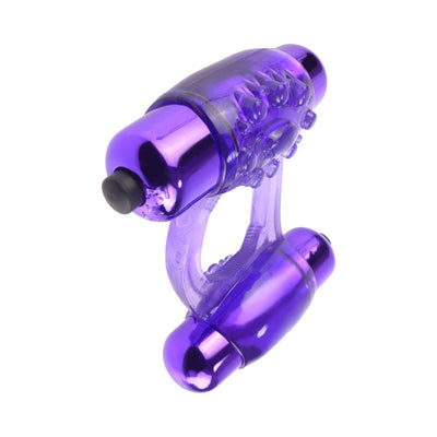 Purple duo-vibrating stretchy ring with textured surface and dual bullet vibrators for enhanced pleasure.