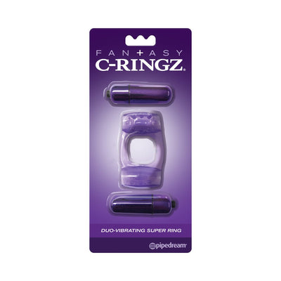 Purple duo-vibrating super ring with two bullet vibrators in clear packaging on a purple card background.