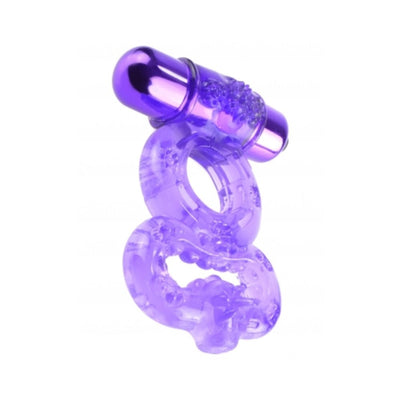 Purple translucent vibrating cockring with textured stretchy bands and a bullet vibrator attachment.