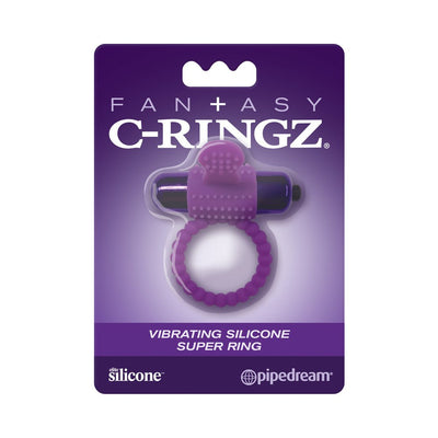 Purple vibrating silicone super ring in clear retail packaging with Fantasy C-Ringz branding on a purple background.