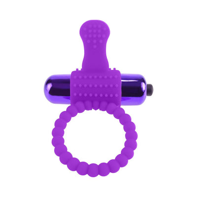 Purple vibrating silicone ring with textured clitoral stimulator and bullet vibrator on a white background.