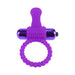 Purple vibrating silicone ring with textured clitoral stimulator and bullet vibrator on a white background.