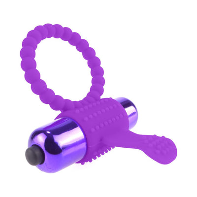 Purple vibrating silicone super ring with textured stimulation nodules and a bullet vibrator.