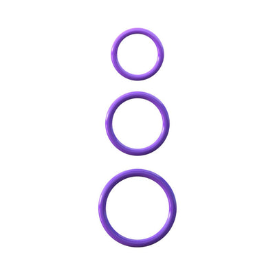 Set of three purple silicone rings in varying sizes for stamina enhancement and performance support.