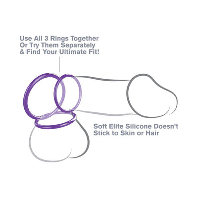 Diagram showing three purple silicone rings positioned on a simplified outline of male anatomy for customizable fit and comfort.