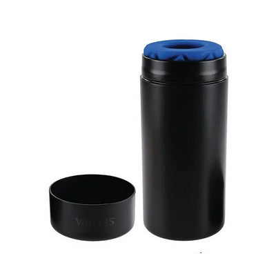 Black cylindrical Selopa Hide & Seek Stroker with blue quilted inner sleeve and removable cap beside it.