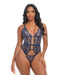 Bleu Floral Embroidered Boned Bustier w/Chain Tassel & G-String - Navy LG