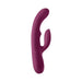 Sleek deep purple silicone rabbit vibrator with curved shaft and smaller external stimulator arm.