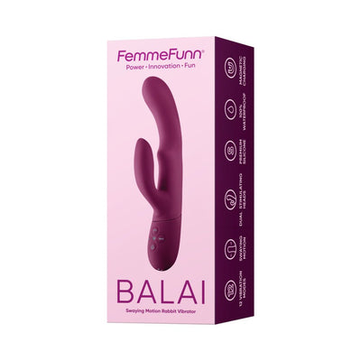 Femme Funn Balai side-to-side swaying rabbit vibrator in deep purple with dual stimulating heads shown on packaging.