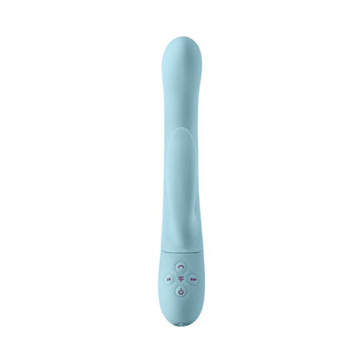 Light blue silicone vibrator with ergonomic shape and control buttons on the base for adjustable settings.
