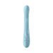 Light blue silicone vibrator with ergonomic shape and control buttons on the base for adjustable settings.
