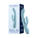 Light blue Femme Funn Balai rabbit vibrator with dual stimulating heads and control buttons, shown next to its packaging box.