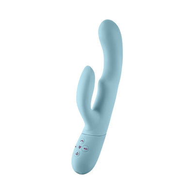 Light blue dual-stimulation silicone vibrator with ergonomic curved design and control buttons on the handle.