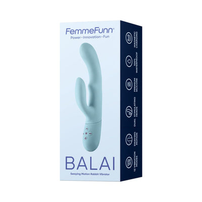 Femme Funn Balai side to side swaying rabbit vibrator in light blue with control buttons, shown in product packaging.