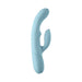 Light blue dual-stimulation silicone vibrator with curved shaft and side rabbit attachment.