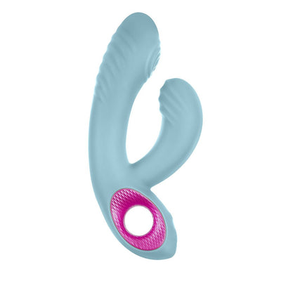 Blue silicone Femme Funn Cora Thumping Rabbit vibrator with textured pink control ring and dual stimulation arms.